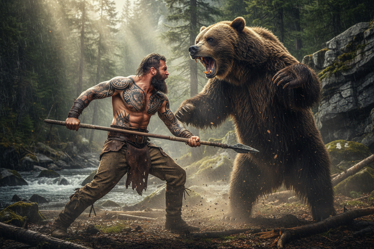 Man in warrior attire facing a large bear in a forest setting