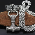 Vikings Wolf Head Mjolnir Stainless Steel Necklace