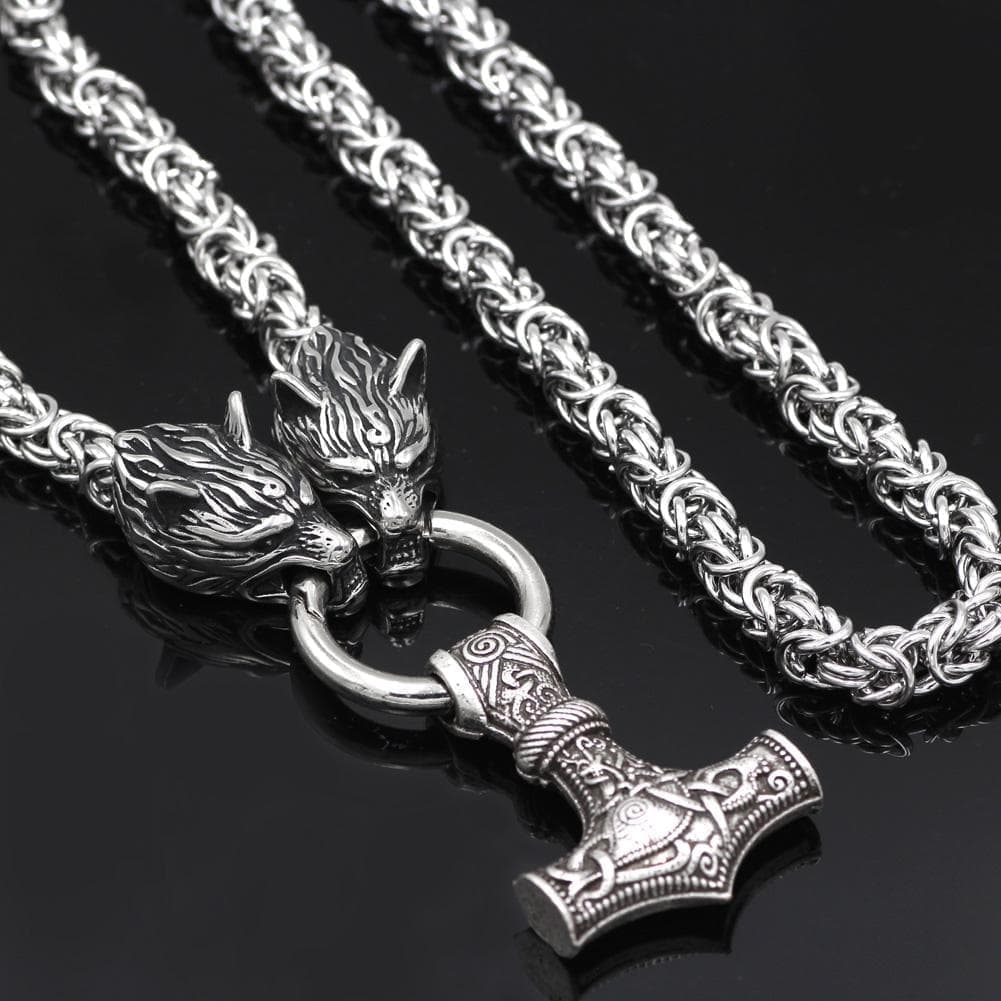 Vikings Wolf Head Mjolnir Stainless Steel Necklace